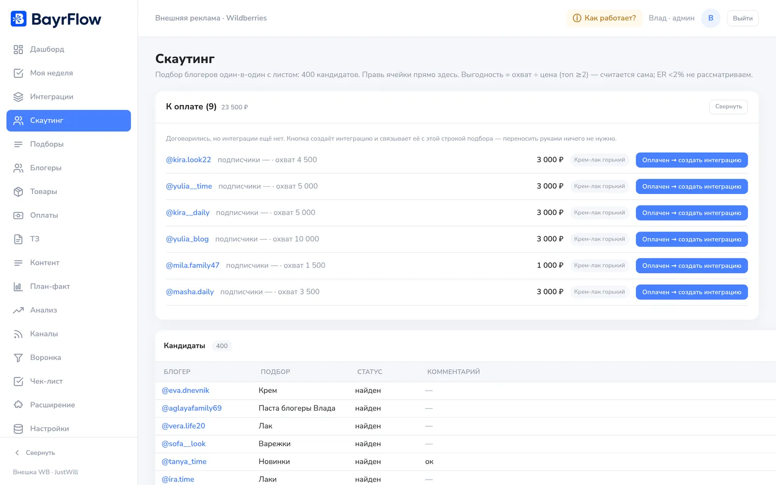 Скаутинг BayrFlow: подбор блогеров с фильтрами и статусами